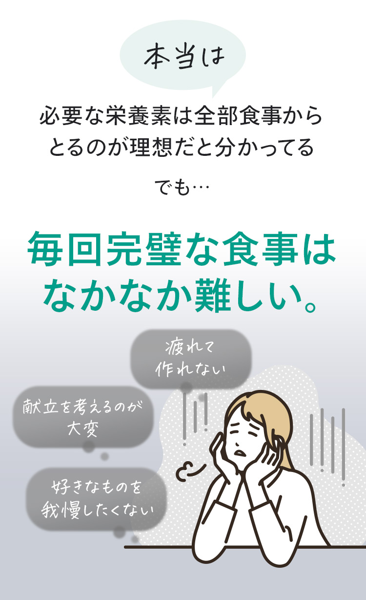 そんなあなたにぴったりなのが「ユーグレナのちから」本当は必要な栄養素は全部食事からとるのが理想だと分かってる。でも…完璧な食事はなかなか難しい。