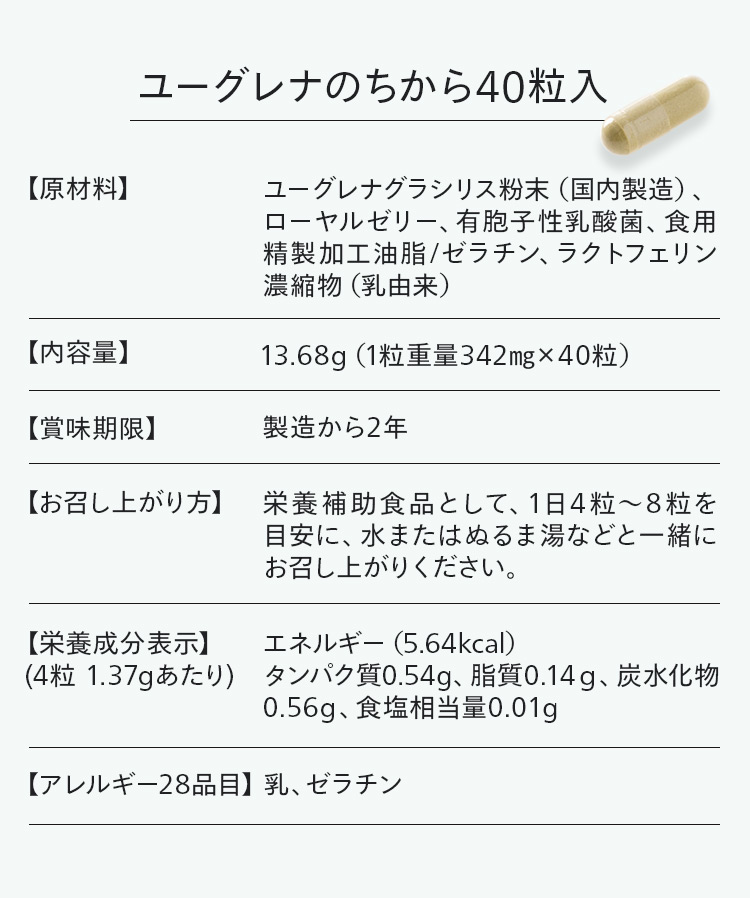 「ユーグレナのちから40粒入り」商品仕様