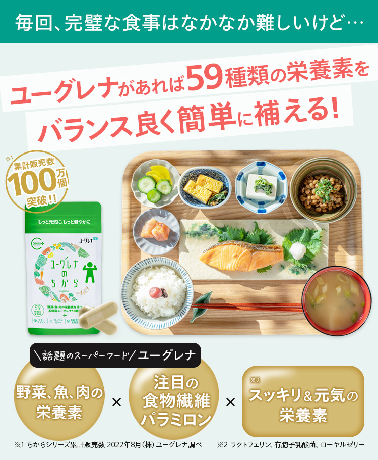 毎回完璧な食事はなかなか難しいけど…ユーグレナがあれば59種類の栄養素をバランス良く簡単に補える！