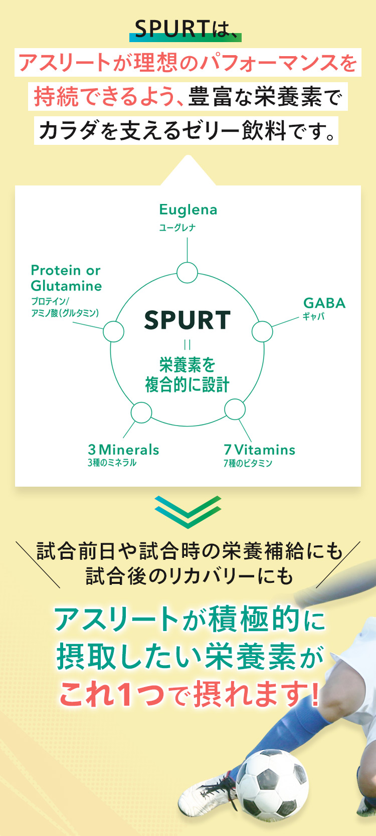 SPURTはアスリートが理想のパフォーマンスを持続できるよう、豊富な栄養素でカラダを支えるゼリー飲料です。